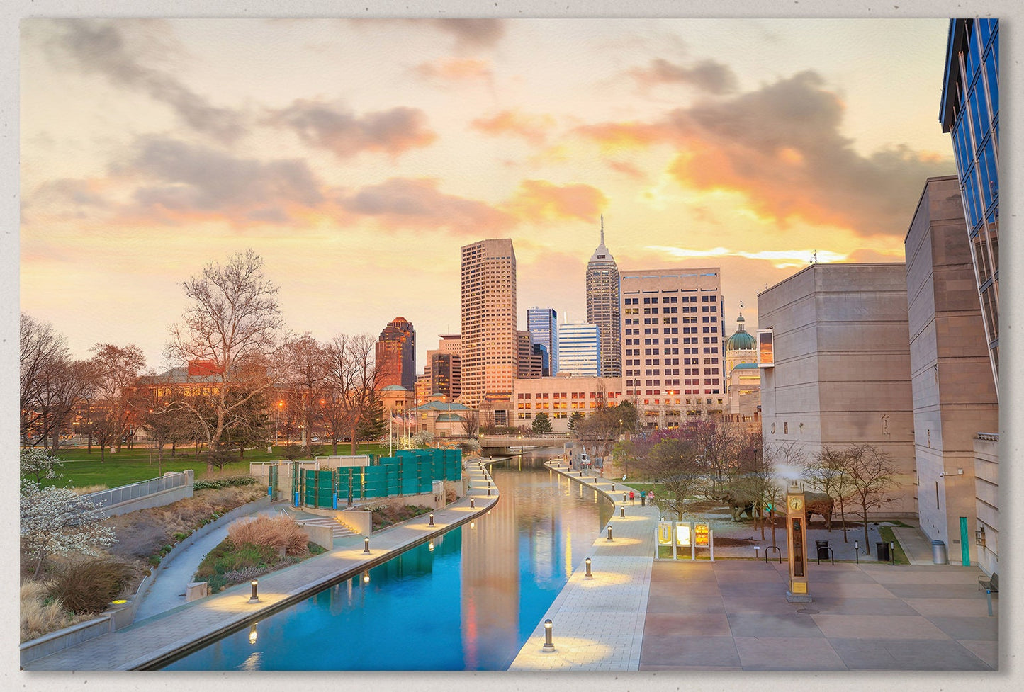 Indianapolis Skyline at Twilight Framed Canvas Leather Print