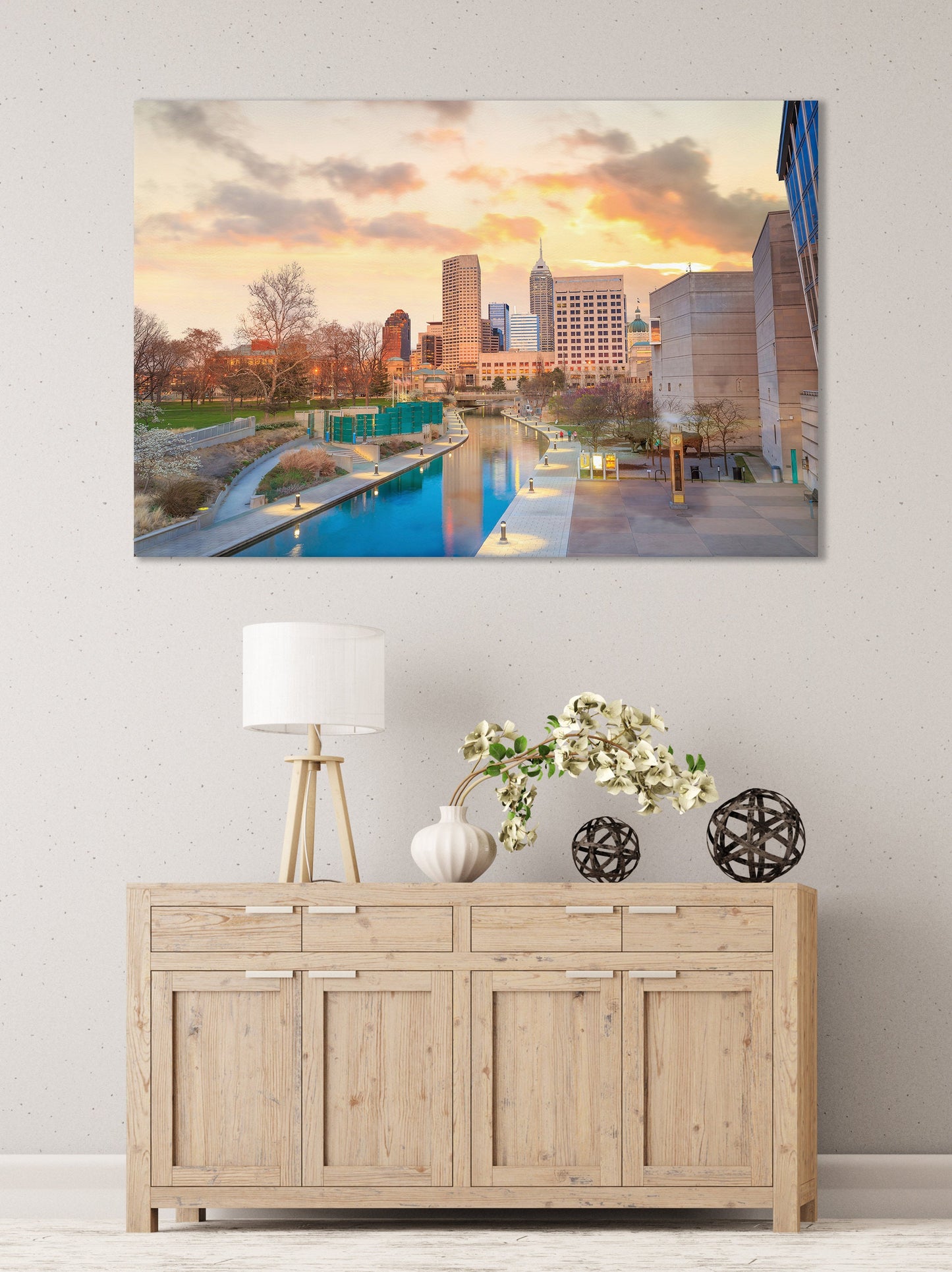 Indianapolis Skyline at Twilight Framed Canvas Leather Print