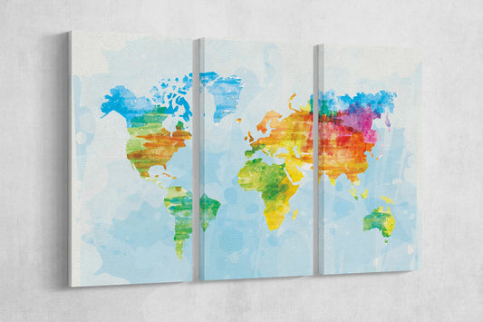 Color Sketched World Map Framed Canvas Leather Print