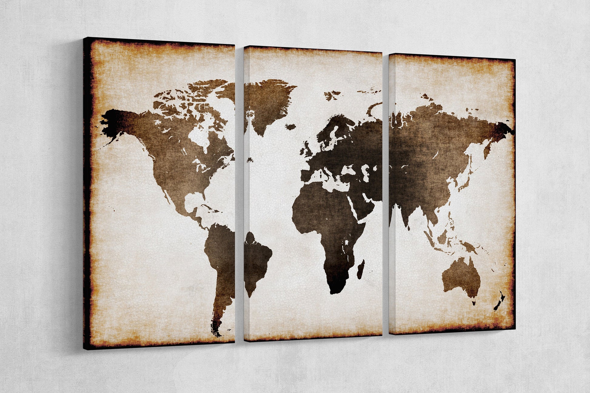 Burnt Old World Map Illustration Framed Canvas Leather Print