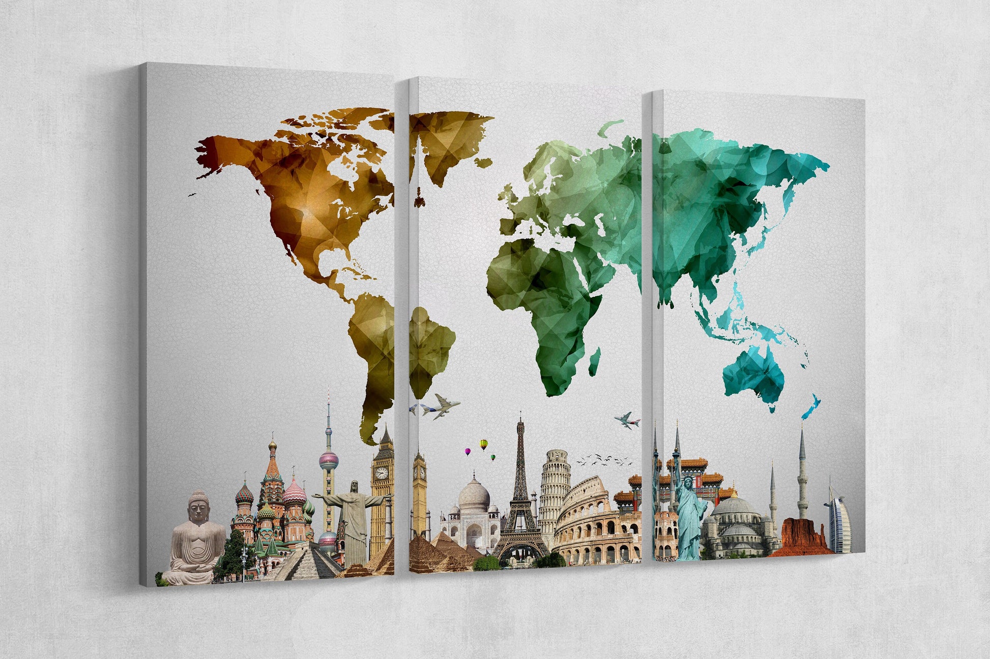 Color World Map Vector with Monuments Eco Leather Print Triptych Grey Wall