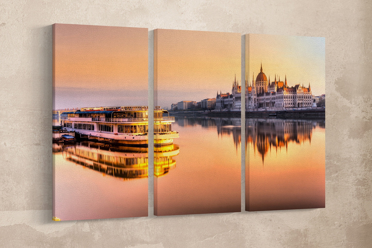 Budapest Parliament at Sunrise Framed Canvas Leather Print