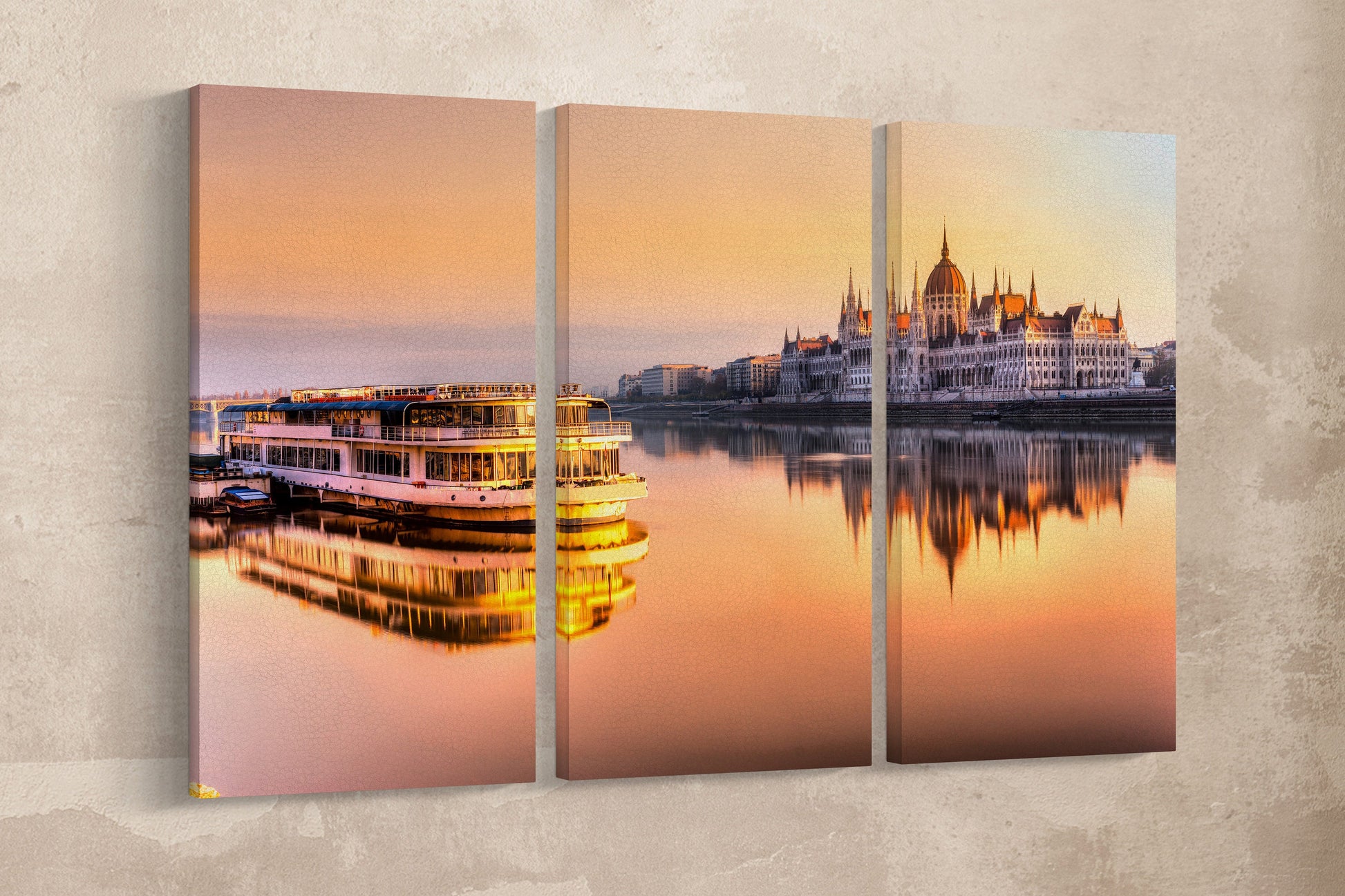 Budapest Parliament at Sunrise Framed Canvas Leather Print