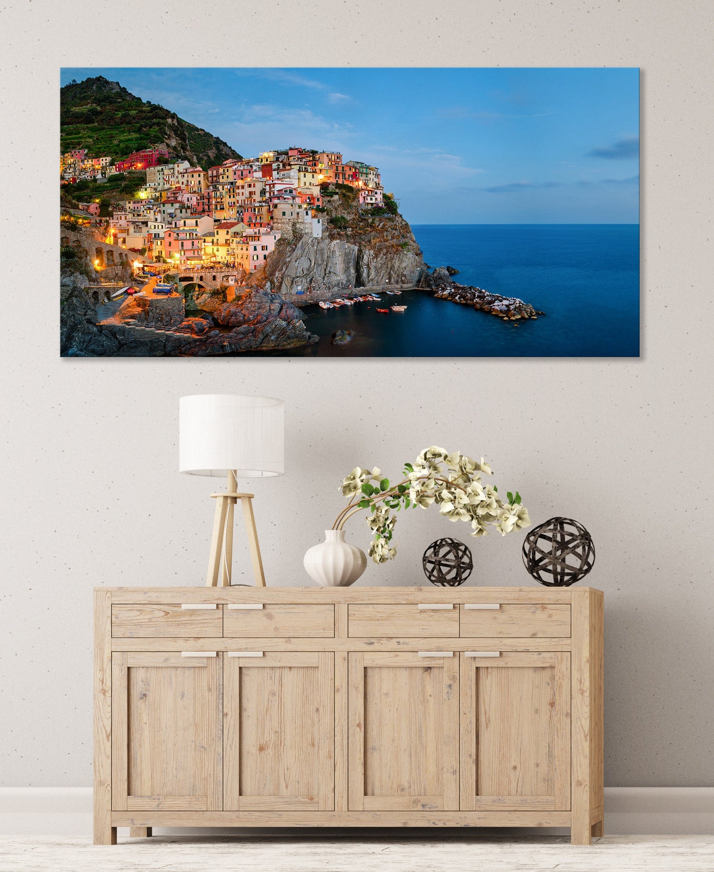 Manarola, Cinque Terre, Liguria at Twilight Framed Canvas Leather Print