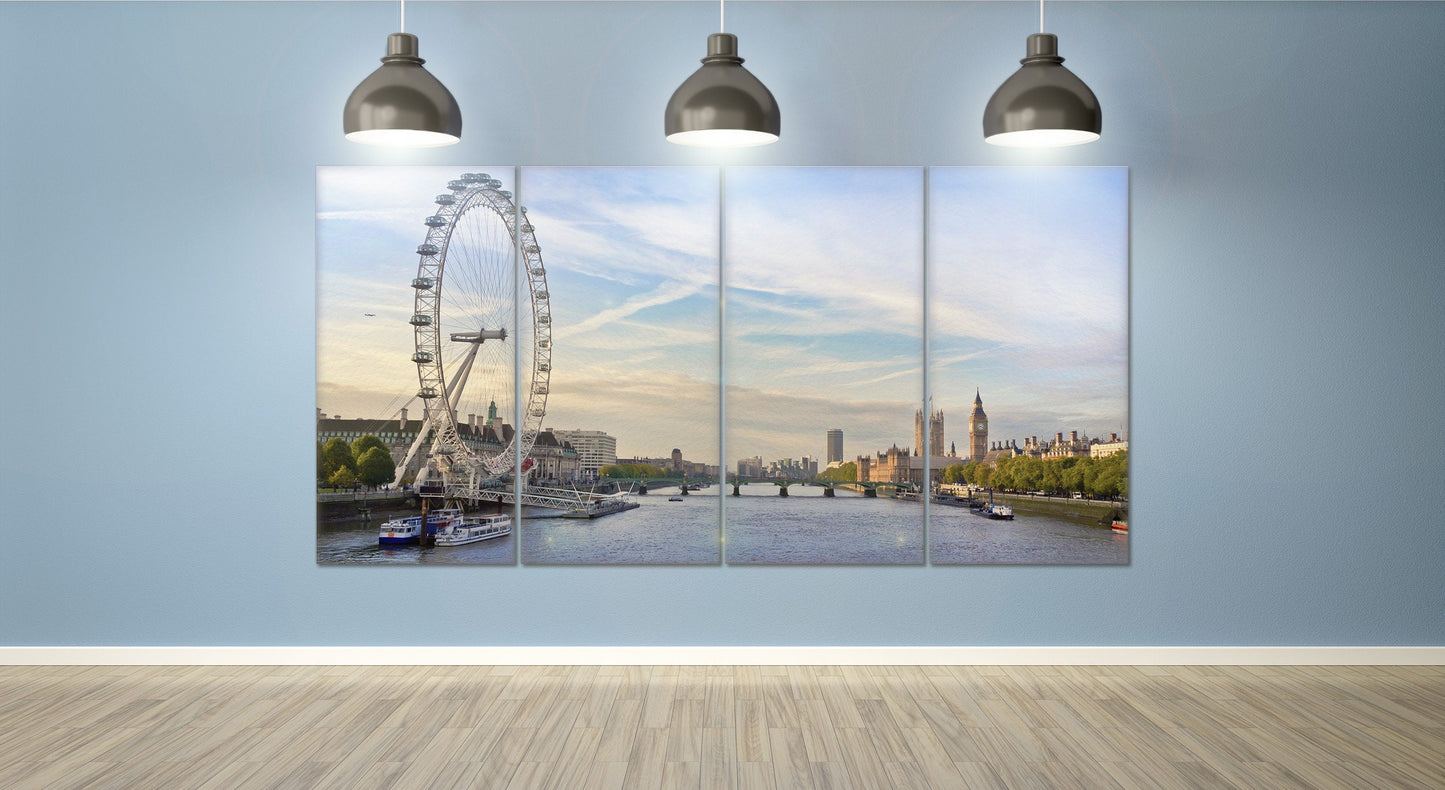 London Thames View Framed Canvas Leather Print