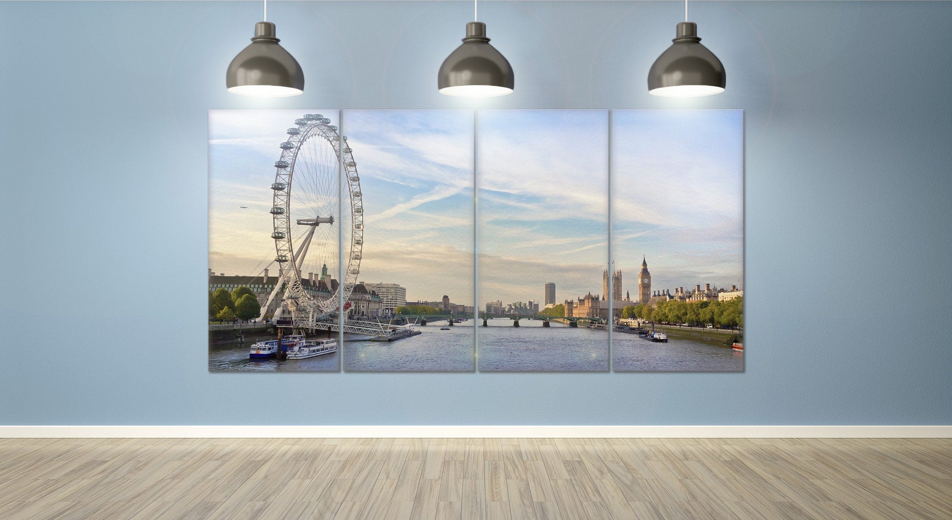 London Thames View Framed Canvas Leather Print