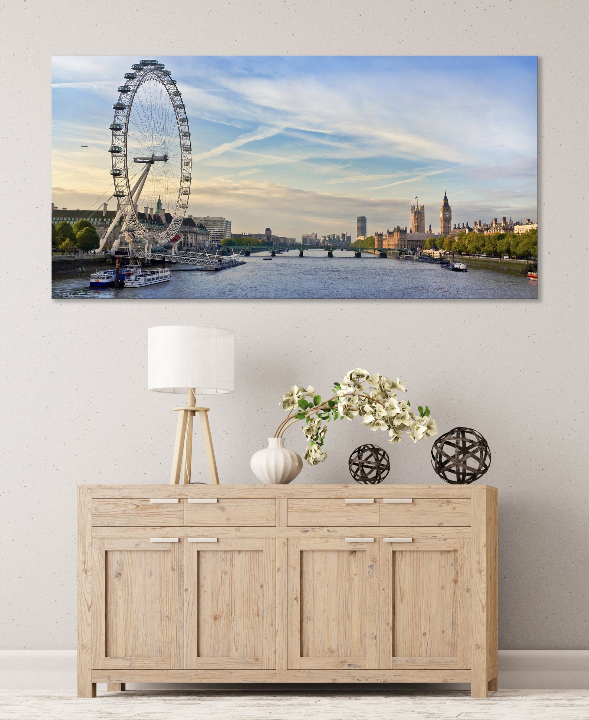 London Thames View Framed Canvas Leather Print