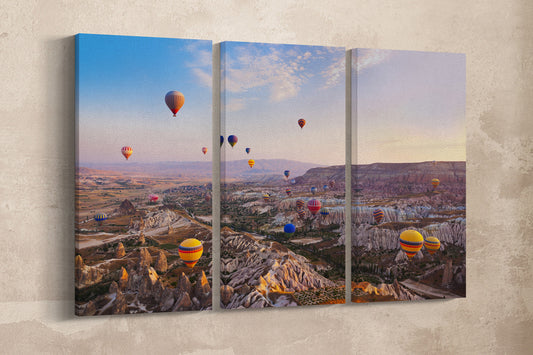 Hot Air Balloons over Cappadocia Turkey Framed Canvas Leather Print, Made in Italy!