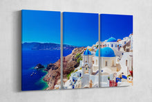Charger l&#39;image dans la galerie, 3 Panel Oia town on Santorini island, Greece Framed Canvas Leather Print