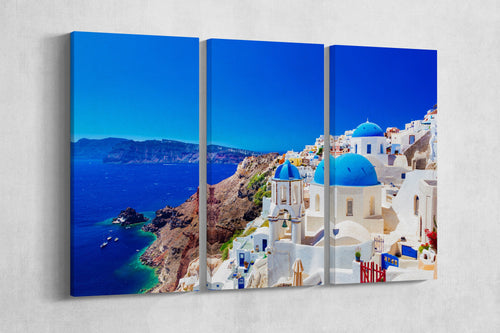 3 Panel Oia town on Santorini island, Greece Framed Canvas Leather Print