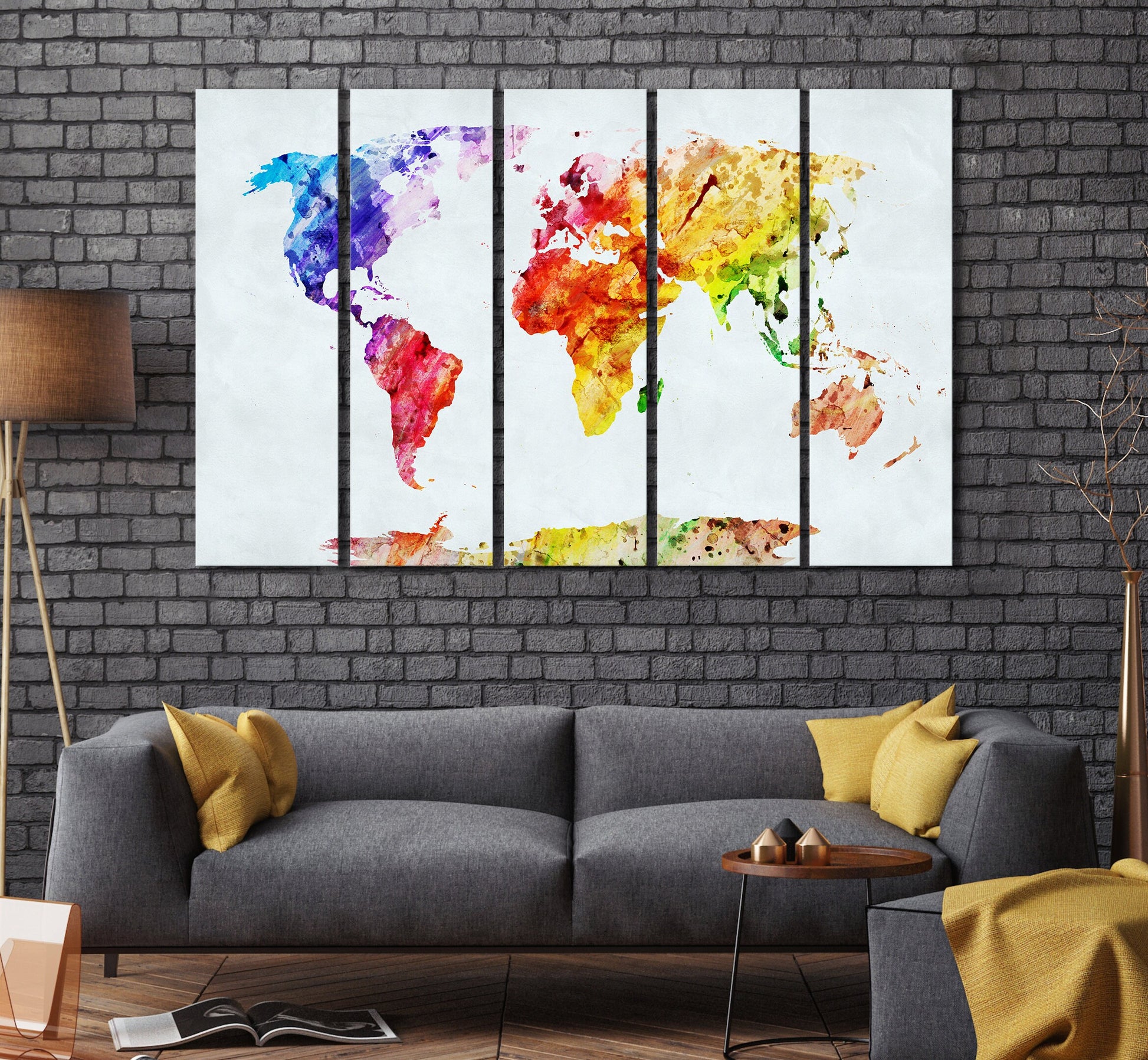 Watercolor world map framed canvas print