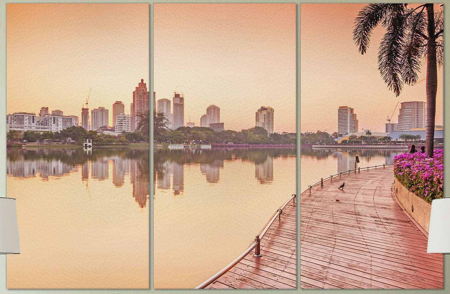 Bangkok Building at sunrise, Benjakiti Park ,Thailand Framed Canvas Leather Print