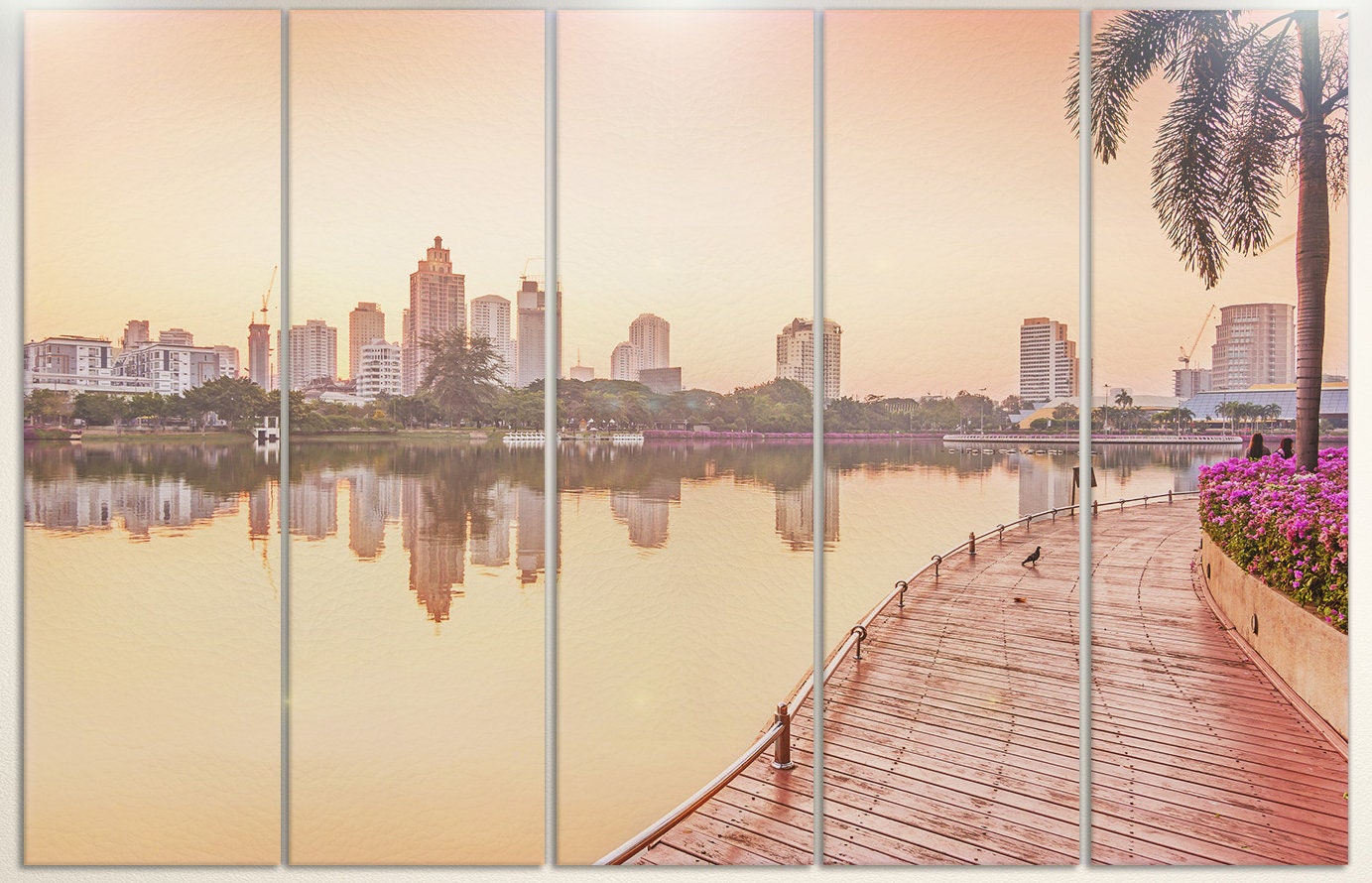 Bangkok Building at sunrise, Benjakiti Park ,Thailand Framed Canvas Leather Print