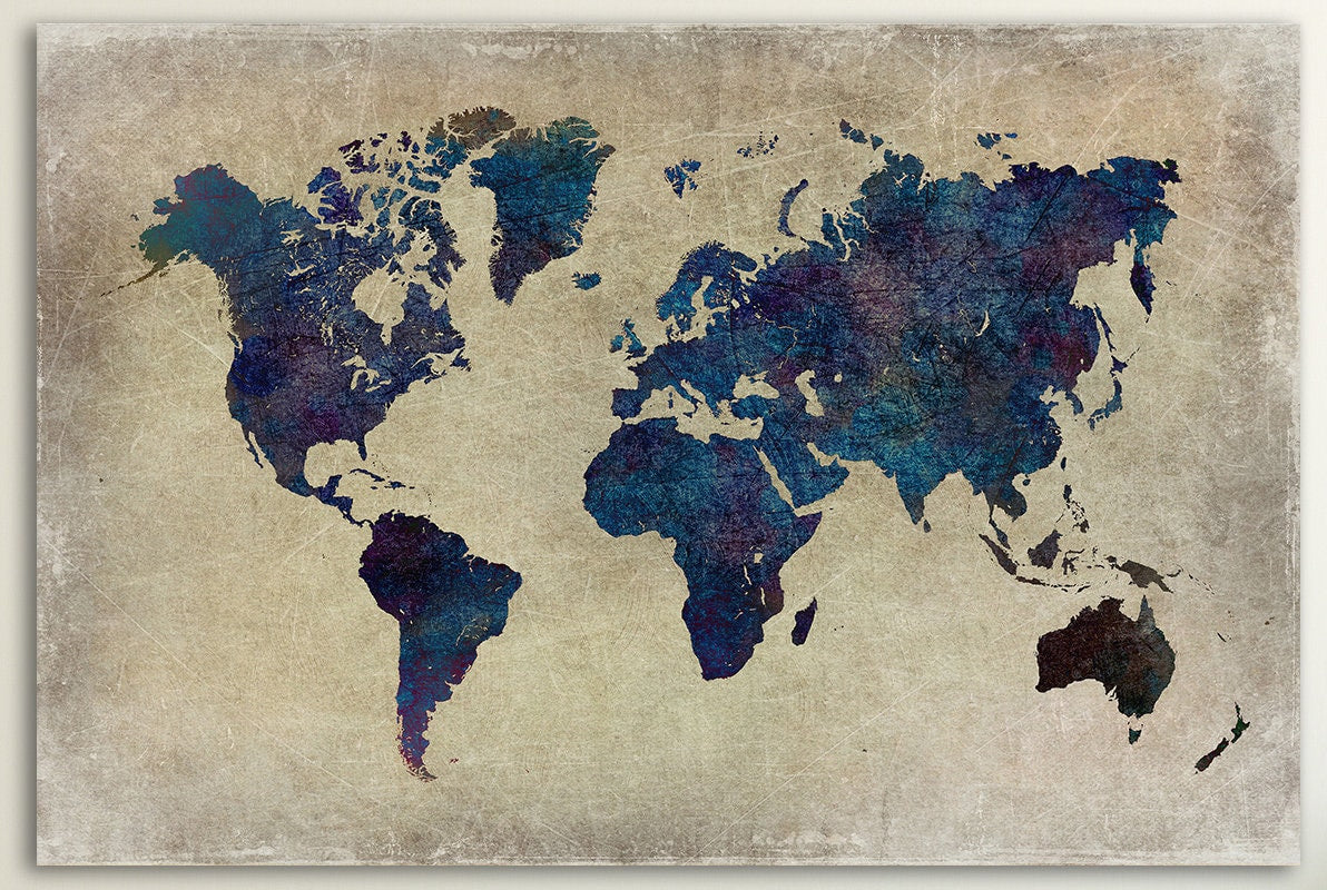 Blue World Map Grunge Background Framed Canvas Leather Print