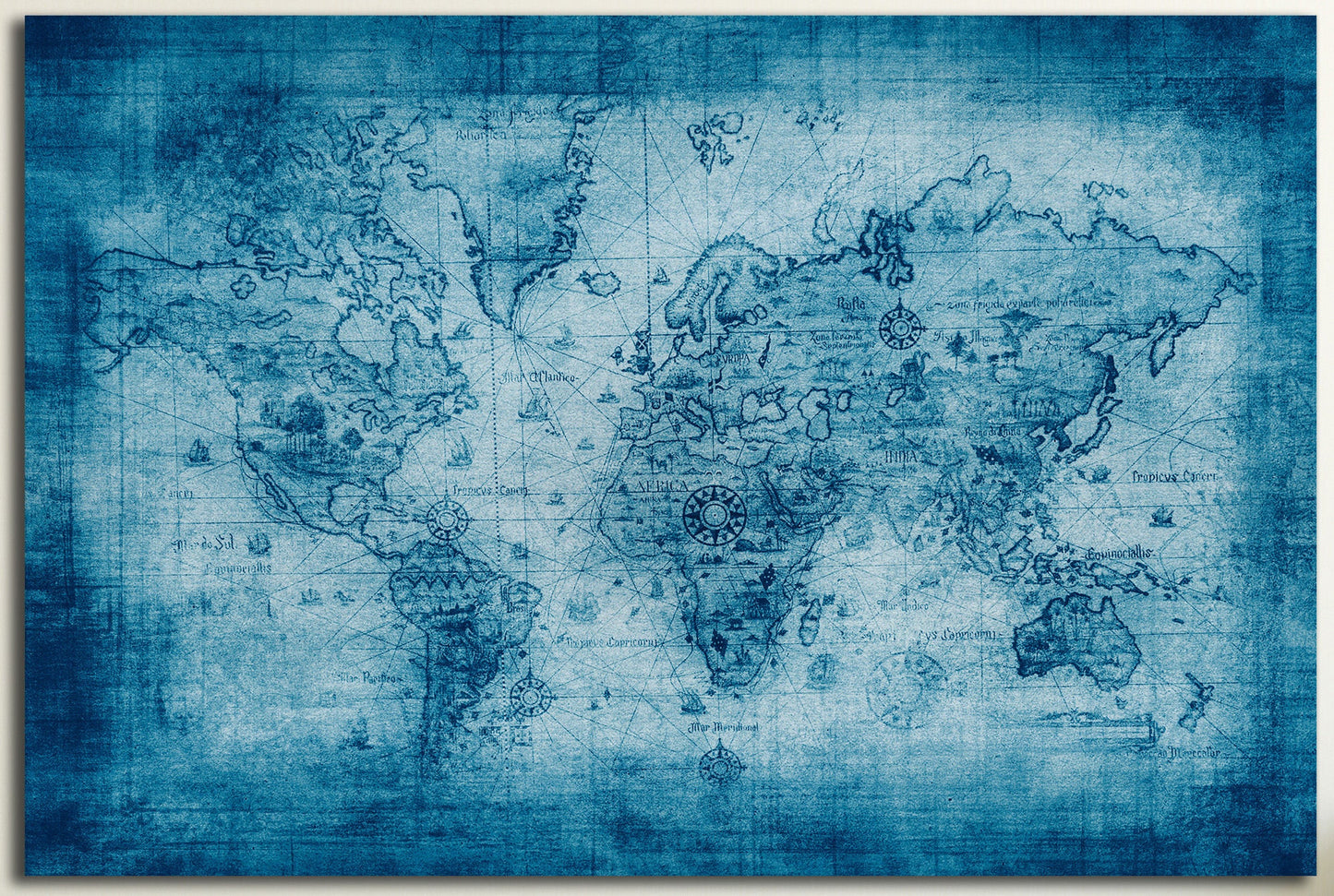 Blue Ancient World Map Framed Canvas Leather Print