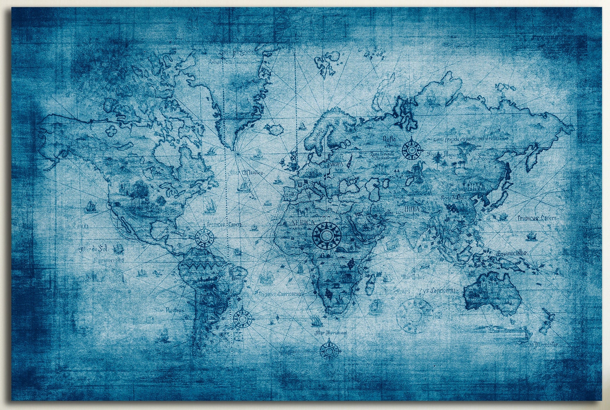 Blue Ancient World Map Framed Canvas Leather Print