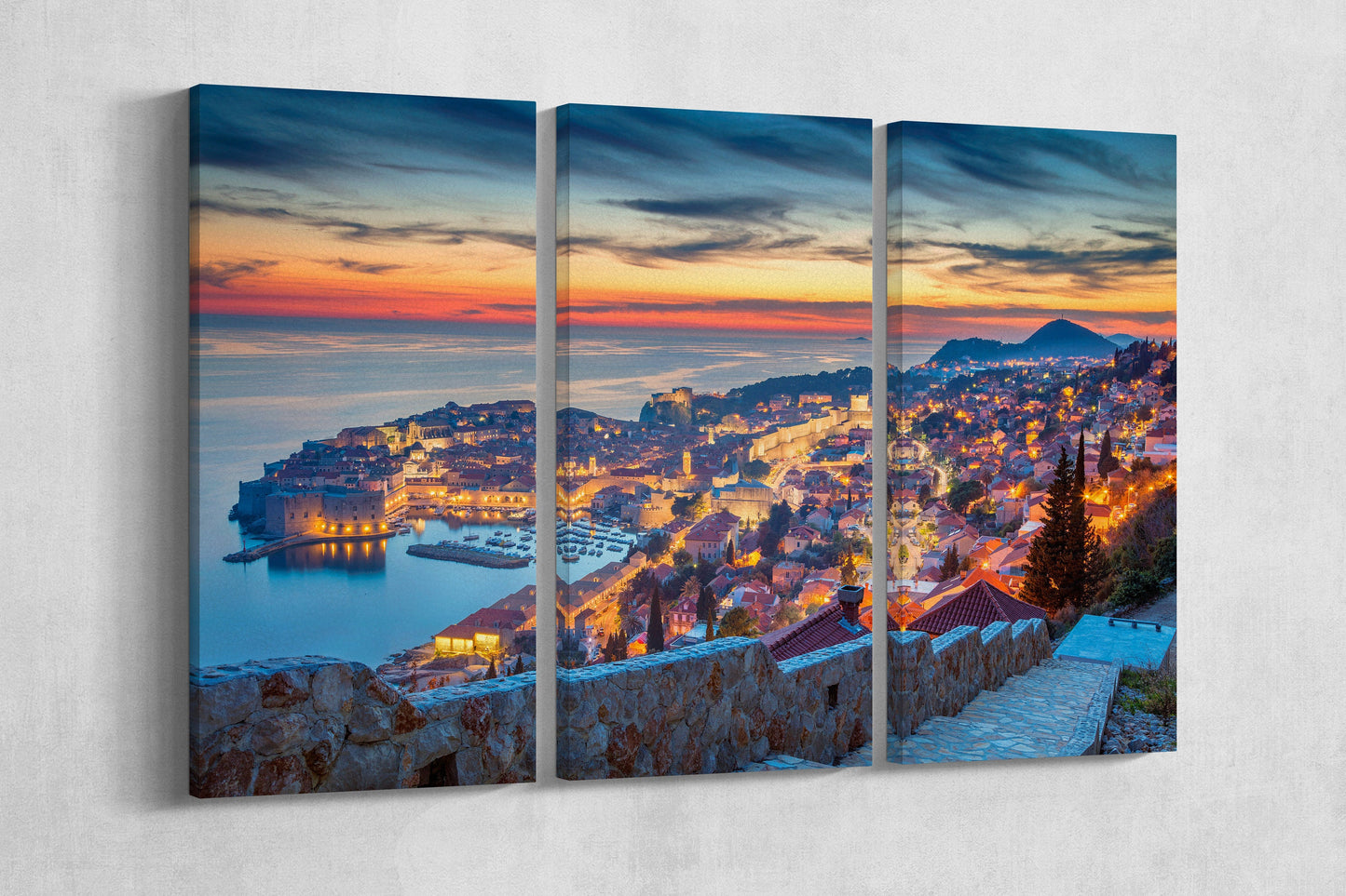 Dubrovnik at sunset canvas leather print triptych wall