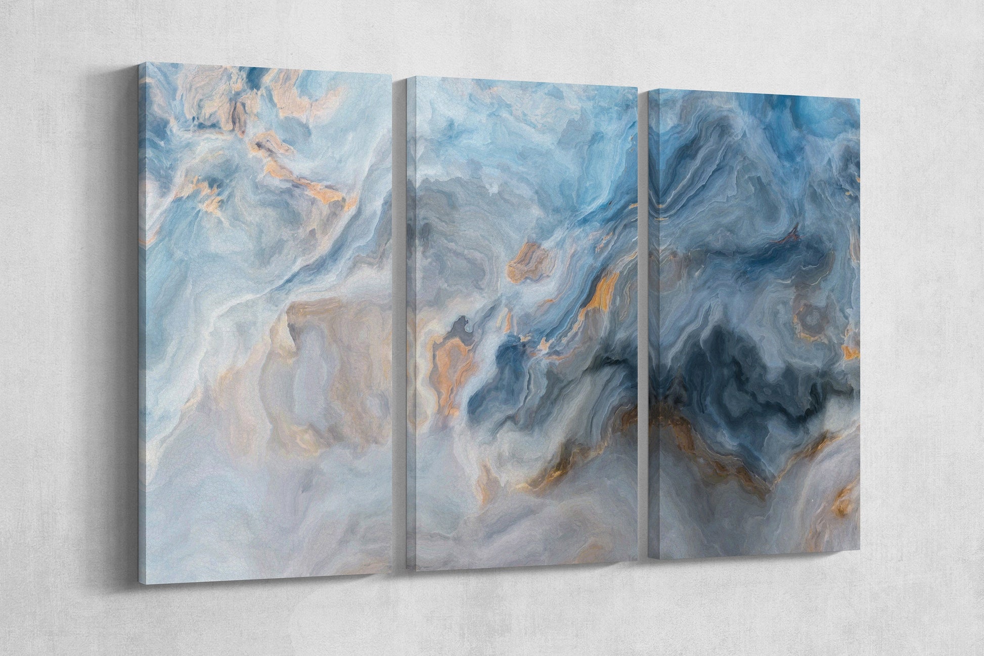 Blue marble pattern framed canvas leather print triptych