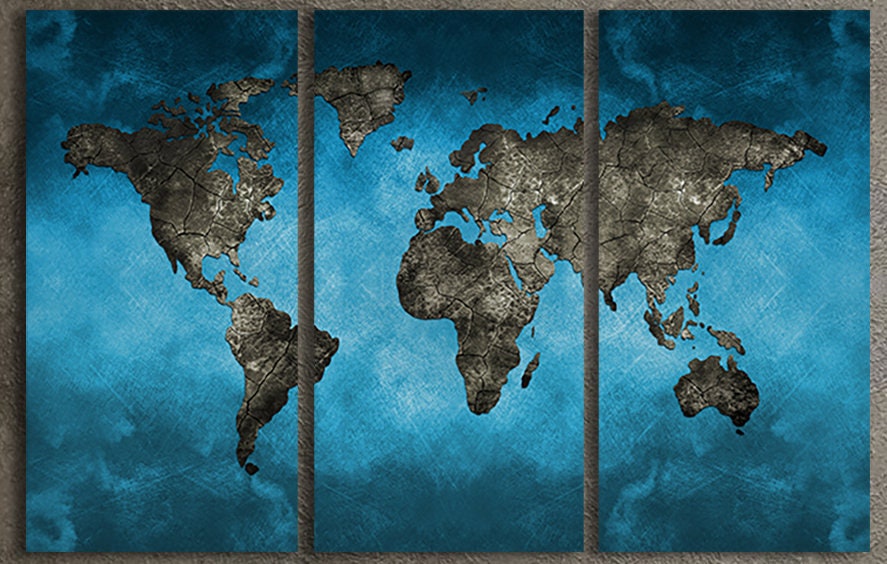 Bluetech World Map Framed Canvas Leather Print
