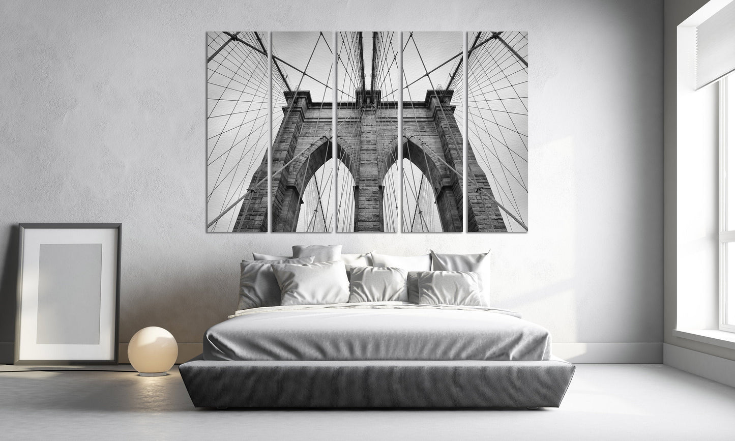 Brooklyn Bridge Closeup Black&White Framed Canvas Leather Print