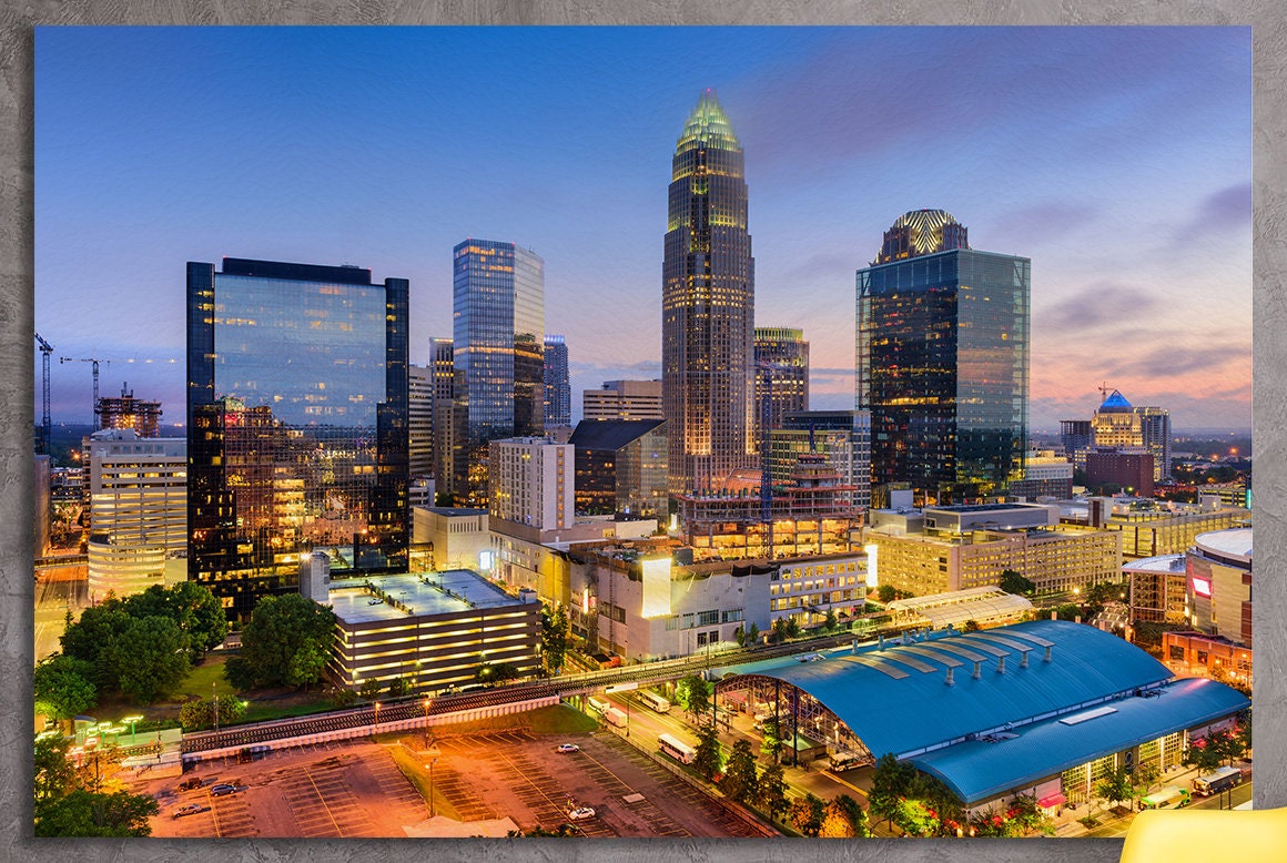 Charlotte, North Carolina, USA at Twilight Framed Canvas Leather Print