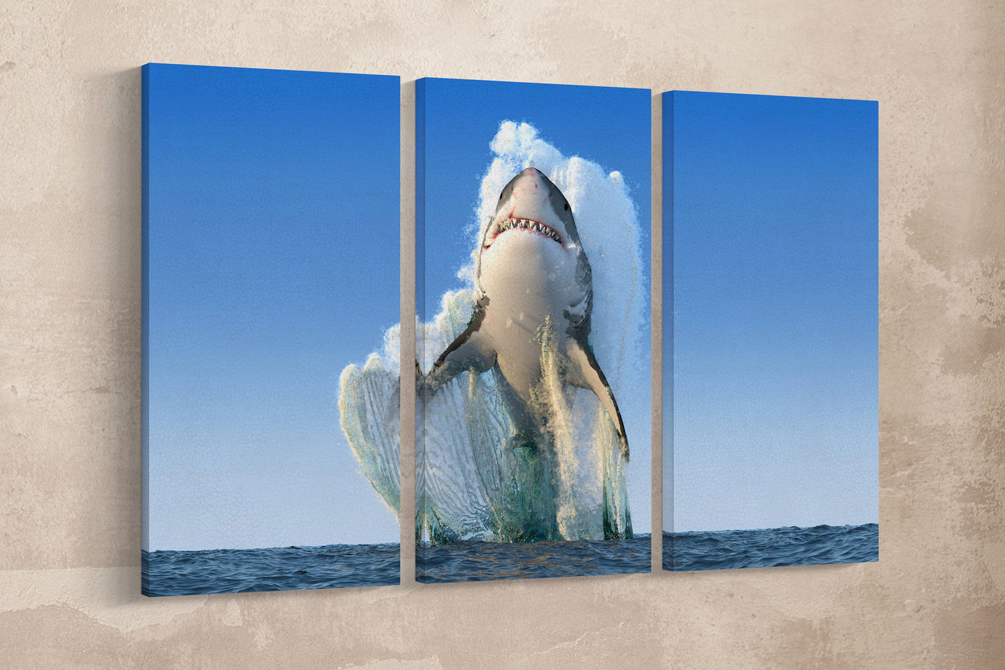 Shark jumping out of the water framed canvas leather print