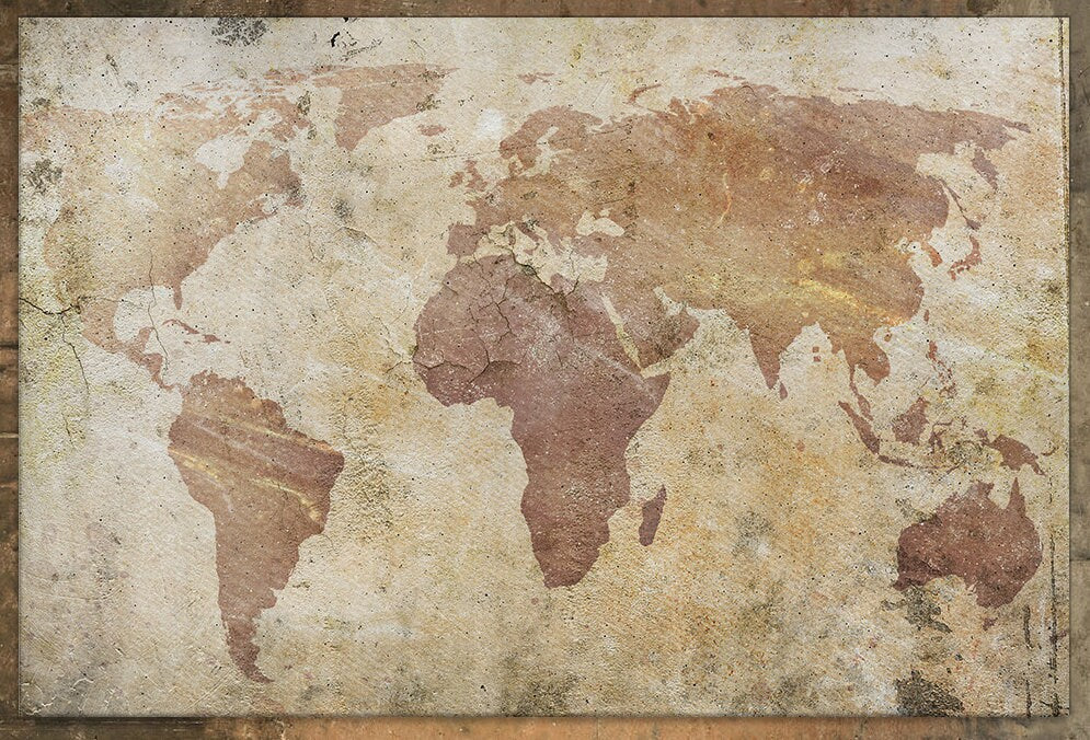 Cracked World Map Framed Canvas Leather Print