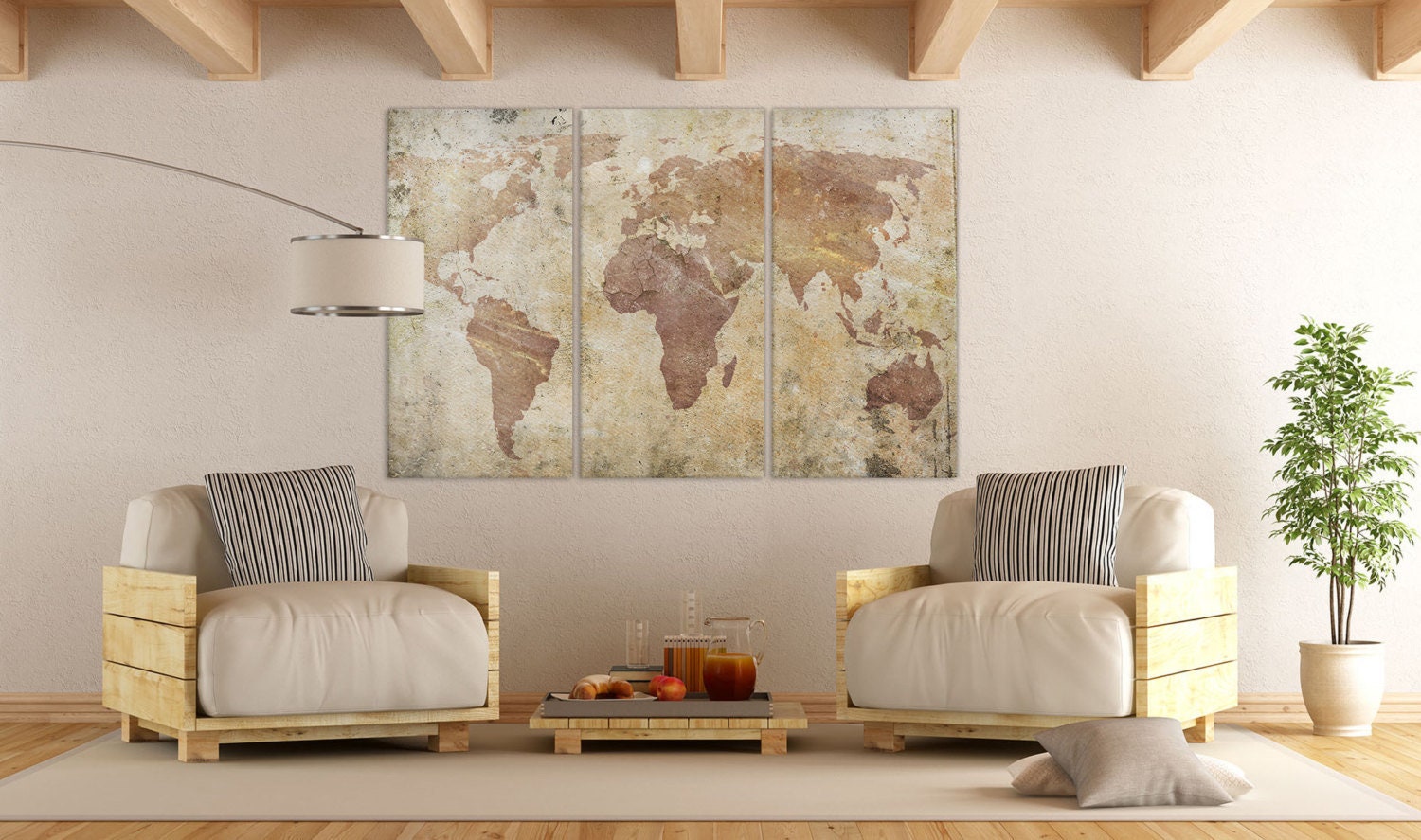 Cracked World Map Framed Canvas Leather Print