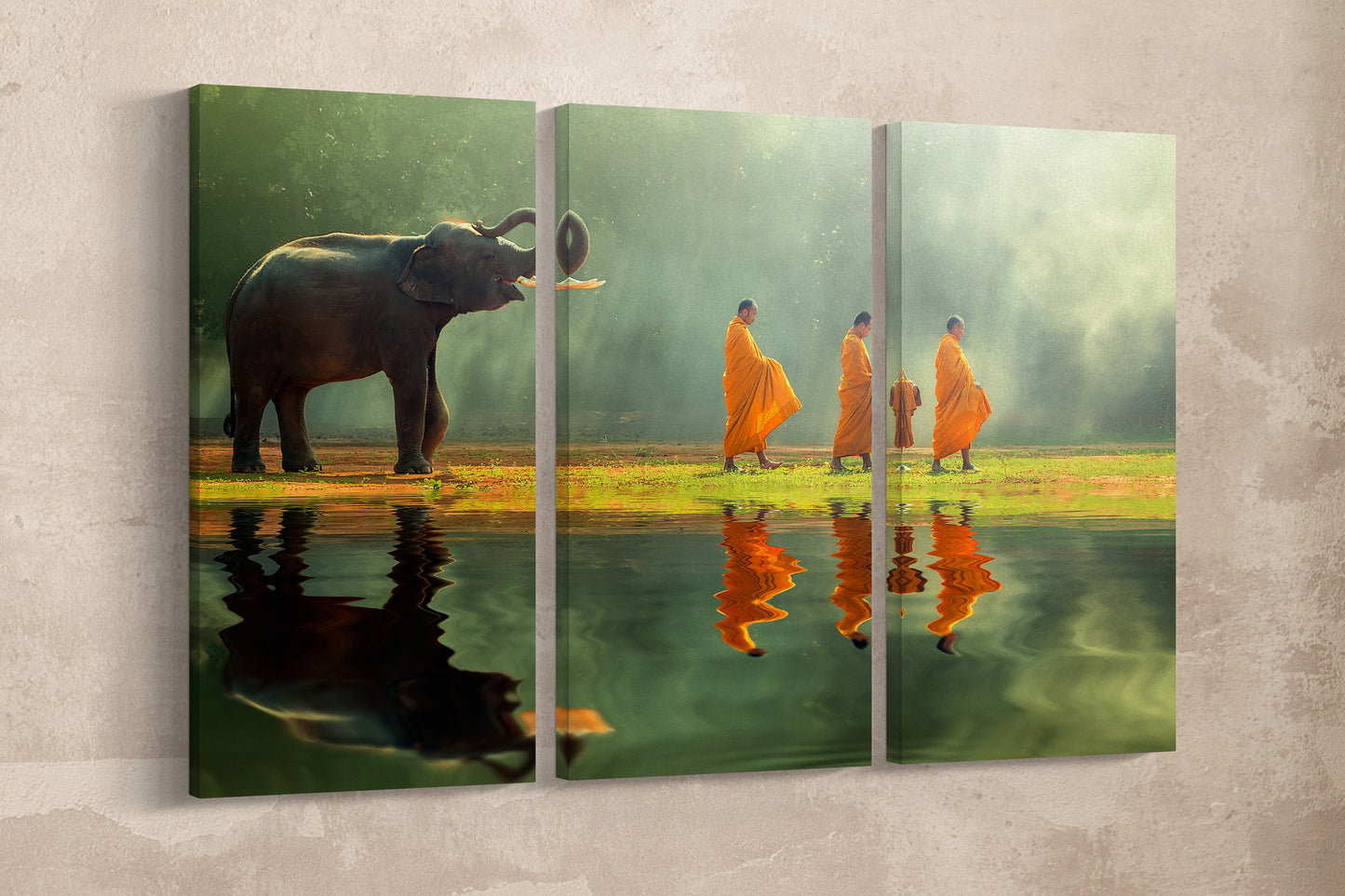 Elephant walking with buddhist monks canvas eco leather print wall art