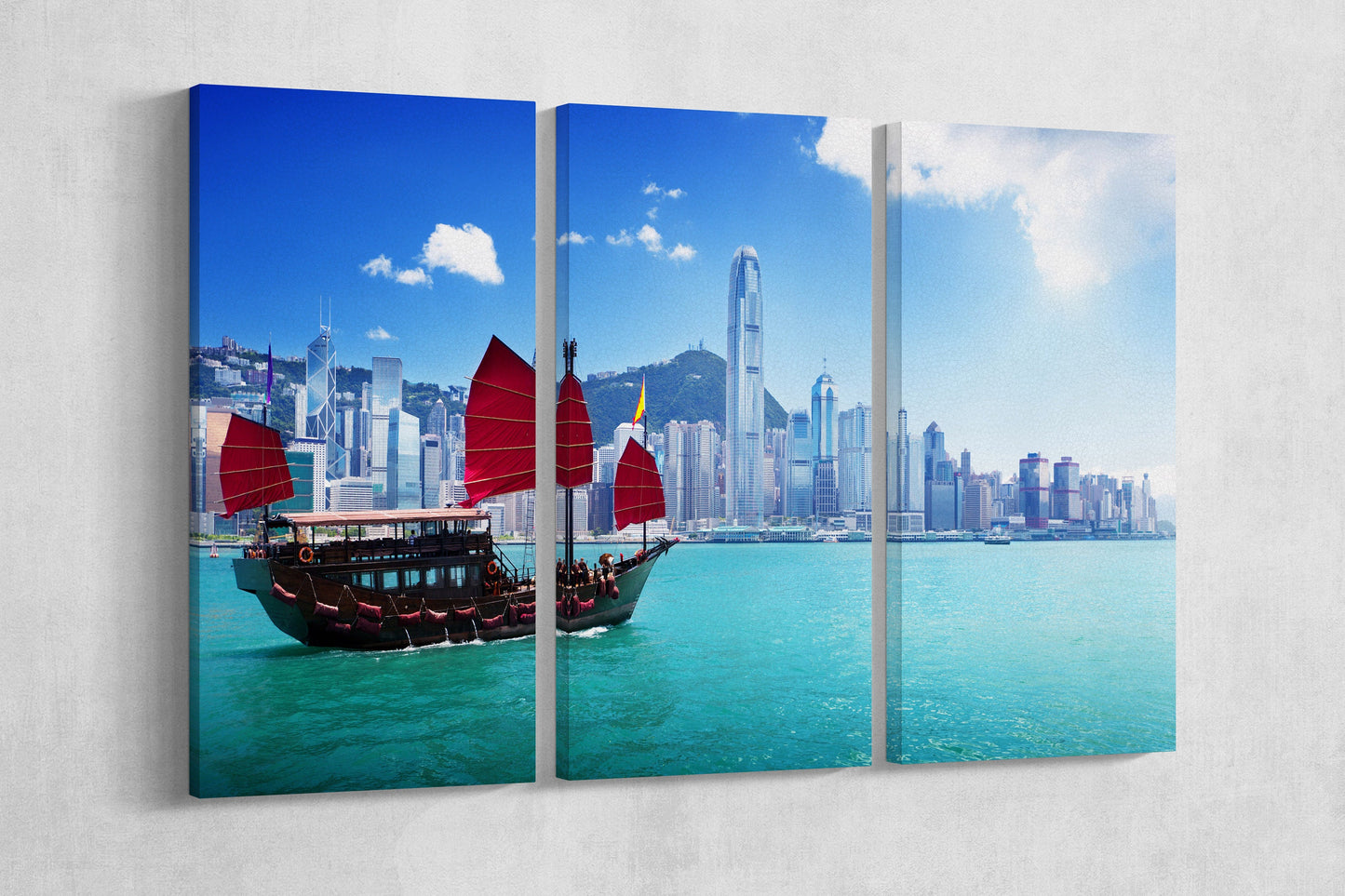 Hong Kong Harbour and Junk Boat Framed Canvas Leather Print