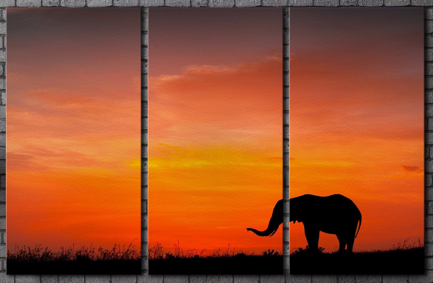 Elephant at Sunset Framed Canvas Leather Print