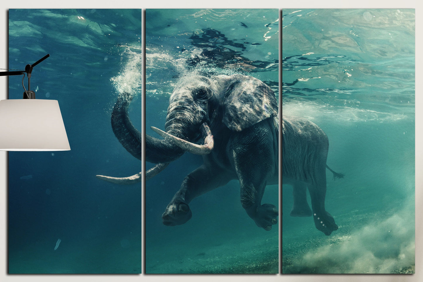 Elephant Swimming Under Water Framed Canvas Leather Print