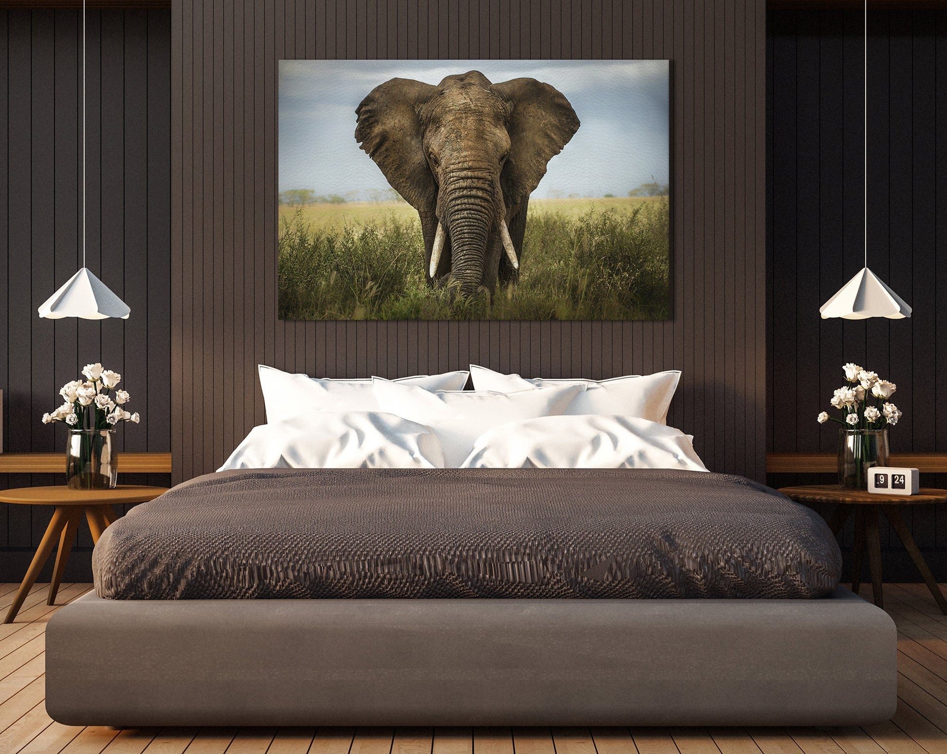African Elephant Framed Canvas Leather Print