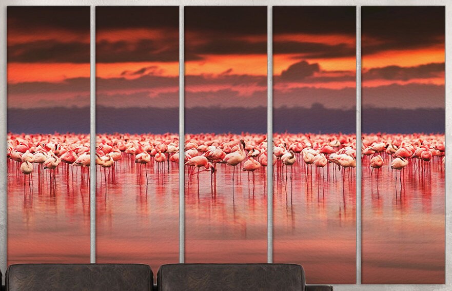 Flamingos at Sunset Framed Canvas Leather Print