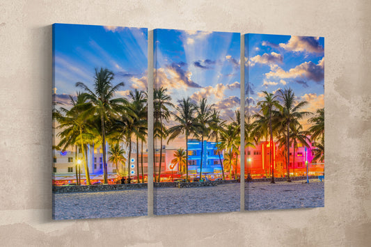 South Beach Miami Sunset in Ocean Drive Canvas Eco Leather Print Made in Italy