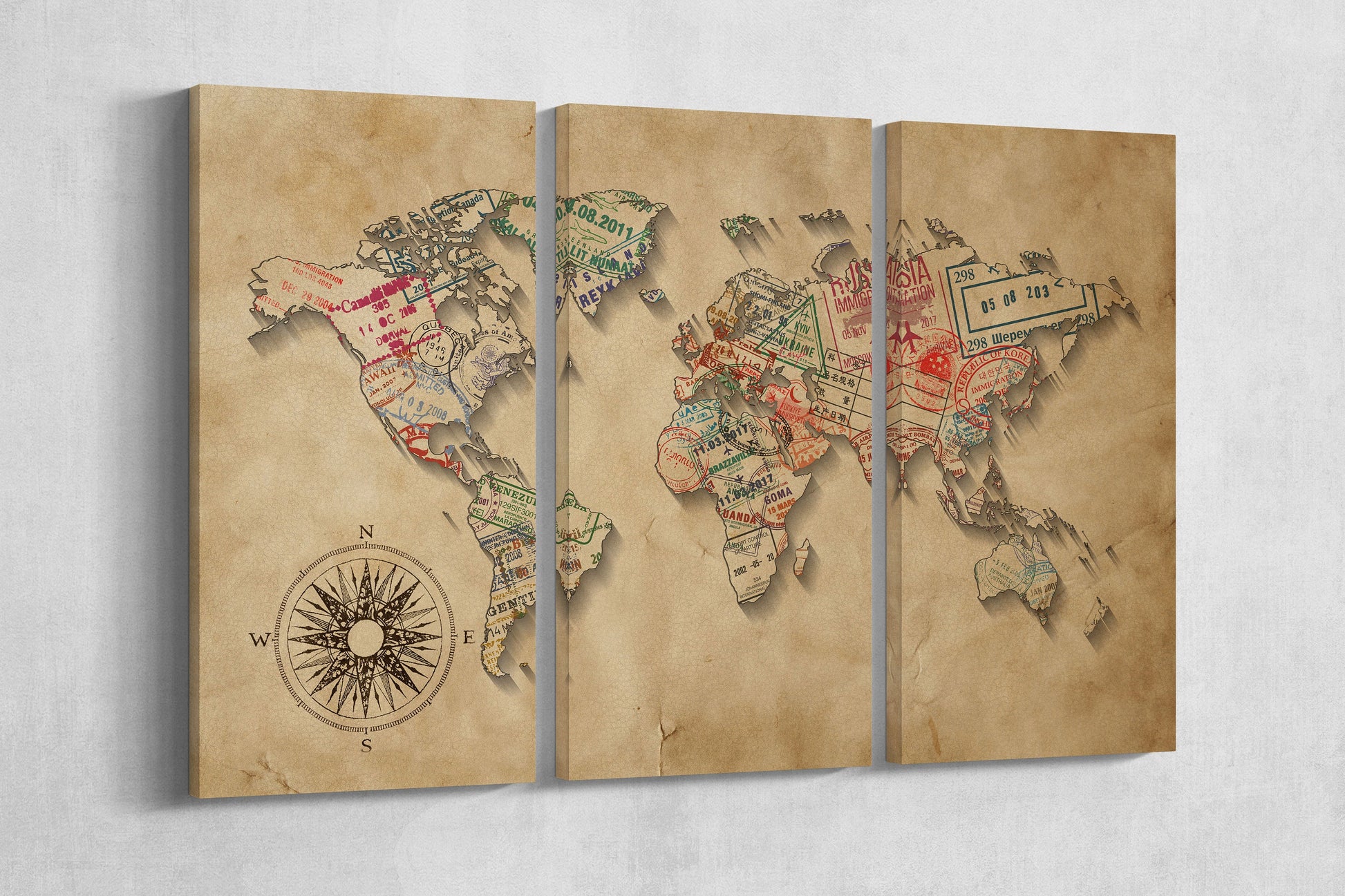 Passport Stamps World Map Leather Print