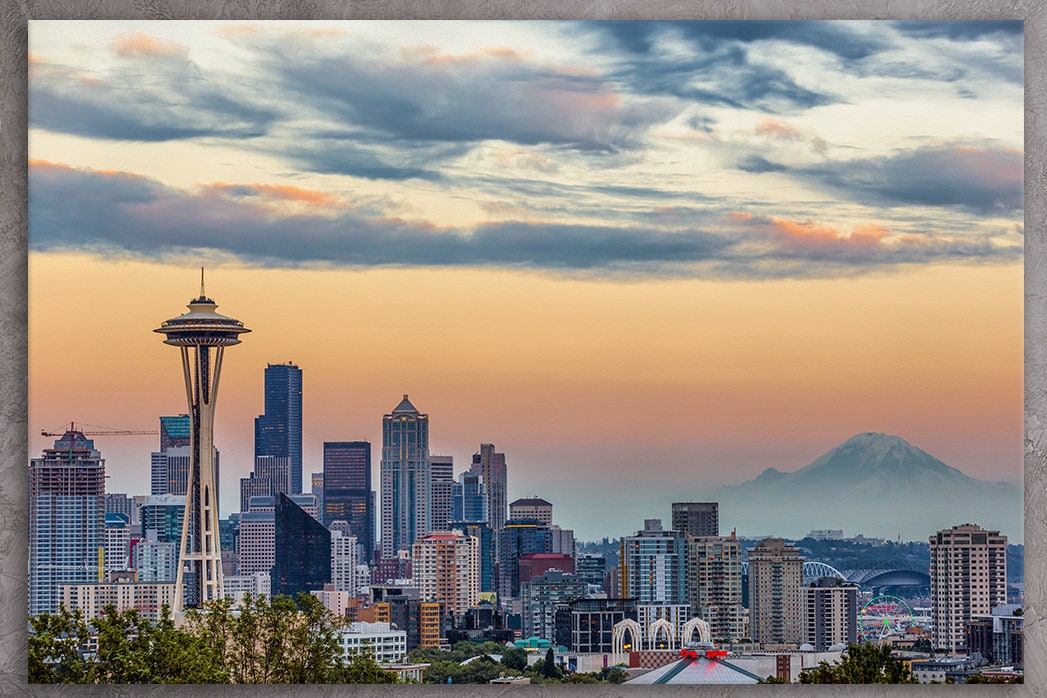 Seattle Skyline Framed Canvas Leather Print