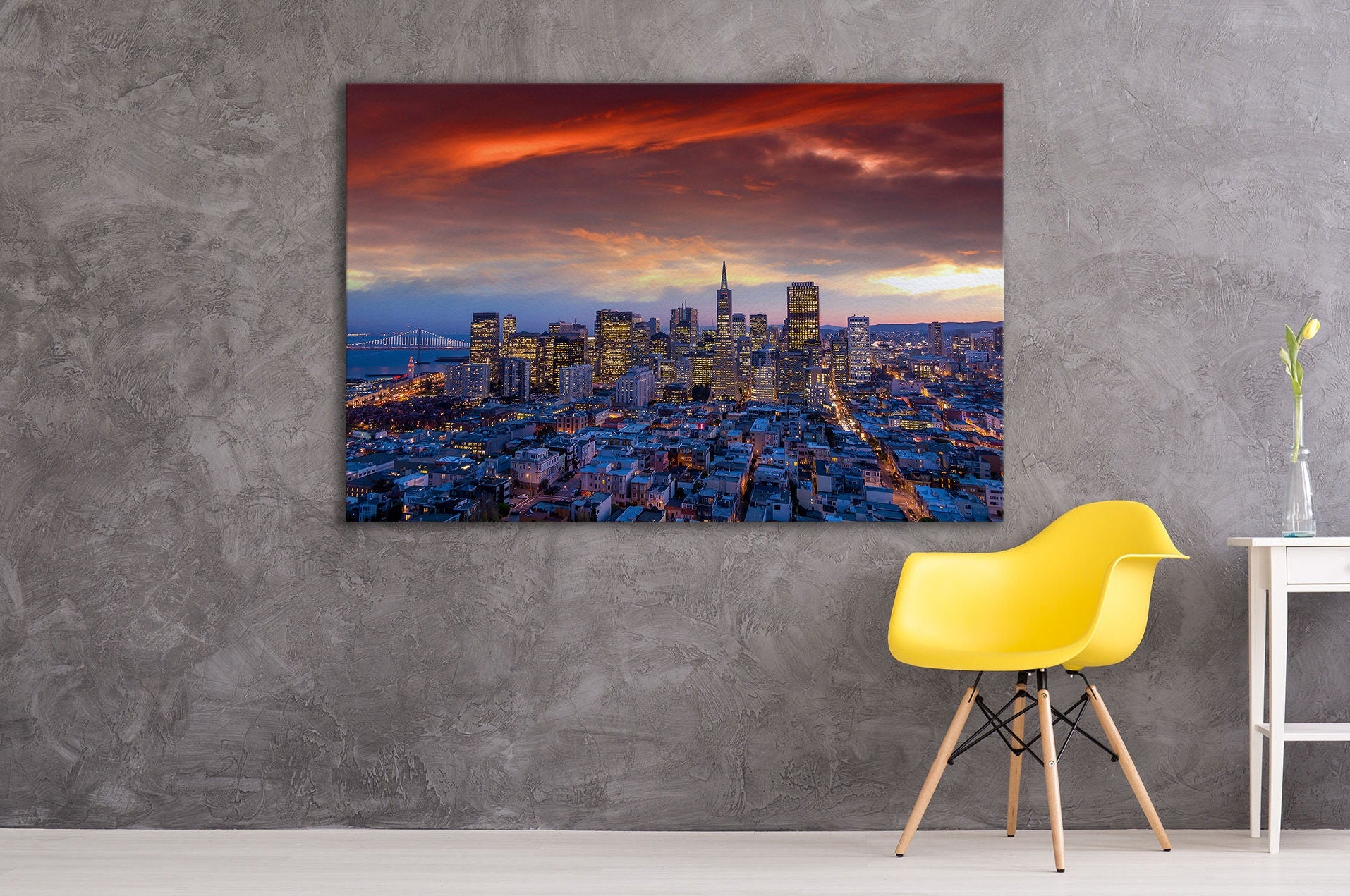 San Francisco Downtown View at Sunset Framed Canvas Leather Print