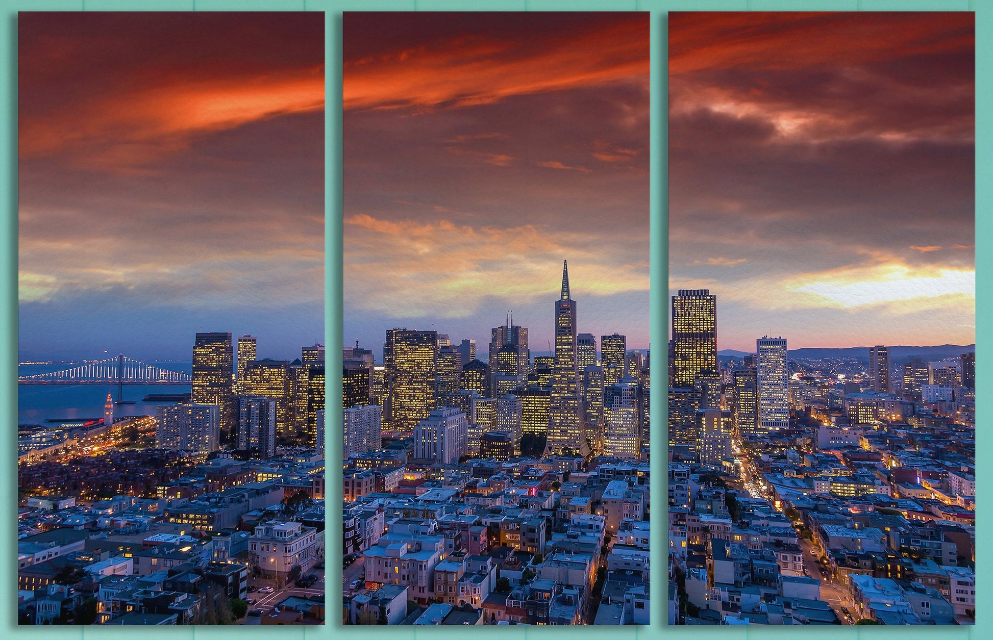 San Francisco Downtown View at Sunset Framed Canvas Leather Print