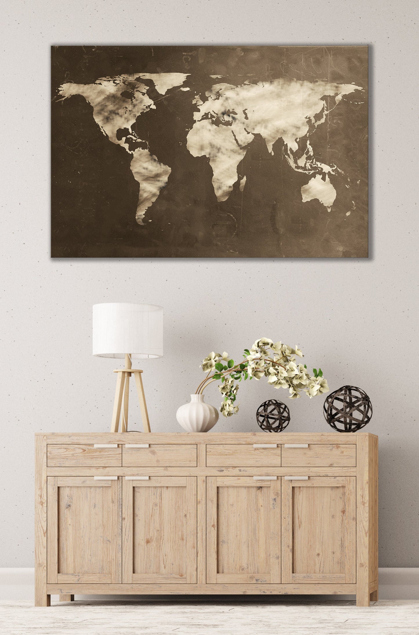 Large World Map Chalkboard Effect Framed Canvas Leather Print