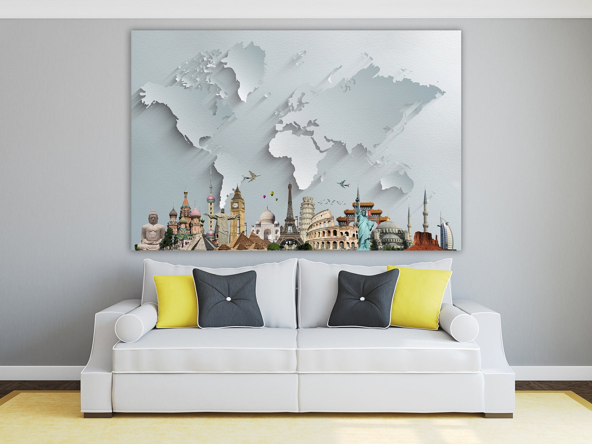 Silver World Map With Monuments Framed Canvas Leather Print