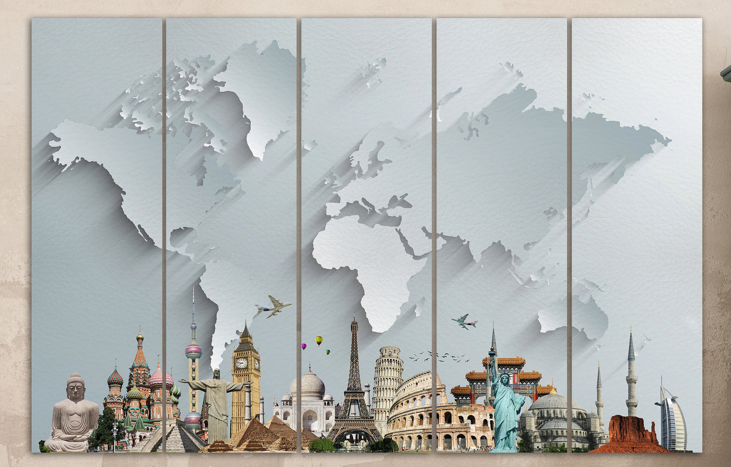 Silver World Map With Monuments Framed Canvas Leather Print