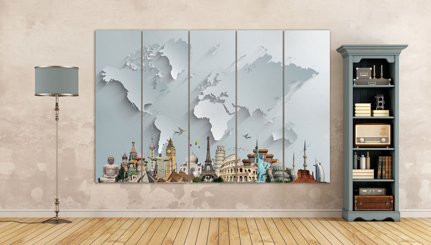 Silver World Map With Monuments Framed Canvas Leather Print