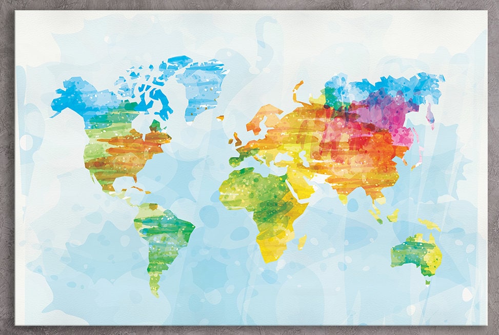 Color Sketched World Map Framed Canvas Leather Print
