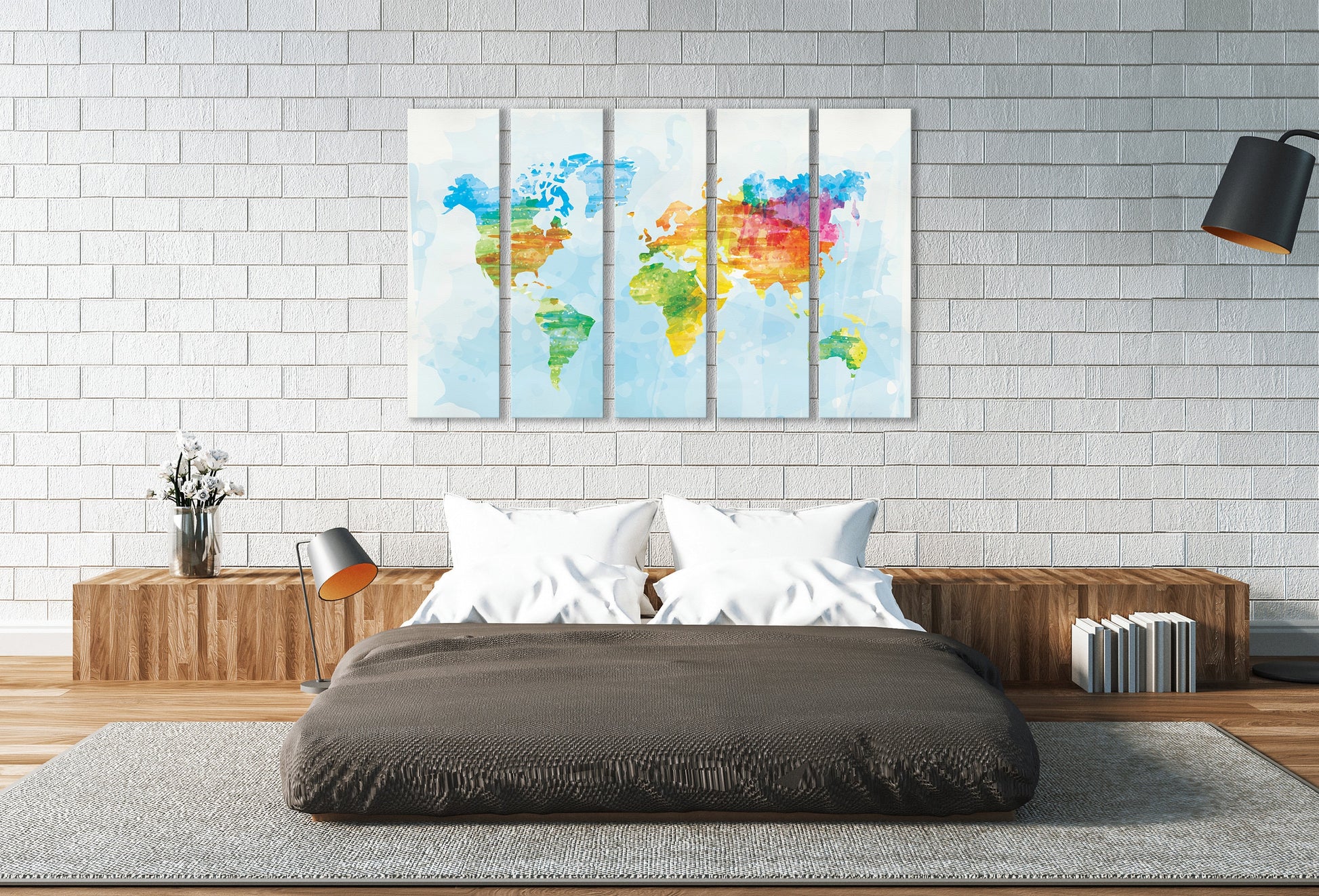 Color Sketched World Map Framed Canvas Leather Print