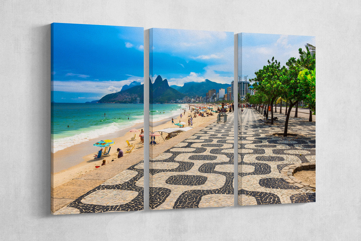 Ipanema beach with mosaic of sidewalk in Rio de Janeiro framed canvas leather print