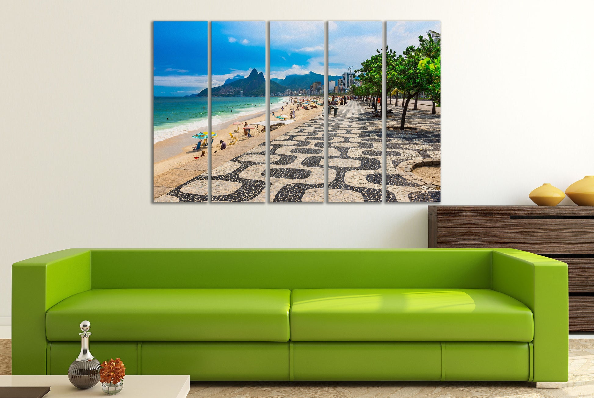 Ipanema beach with mosaic of sidewalk in Rio de Janeiro framed canvas leather print