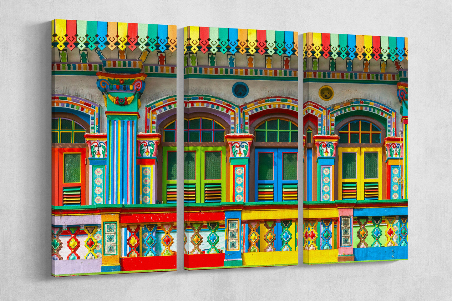 Colorful houses in Little India, Singapore framed canvas leather print