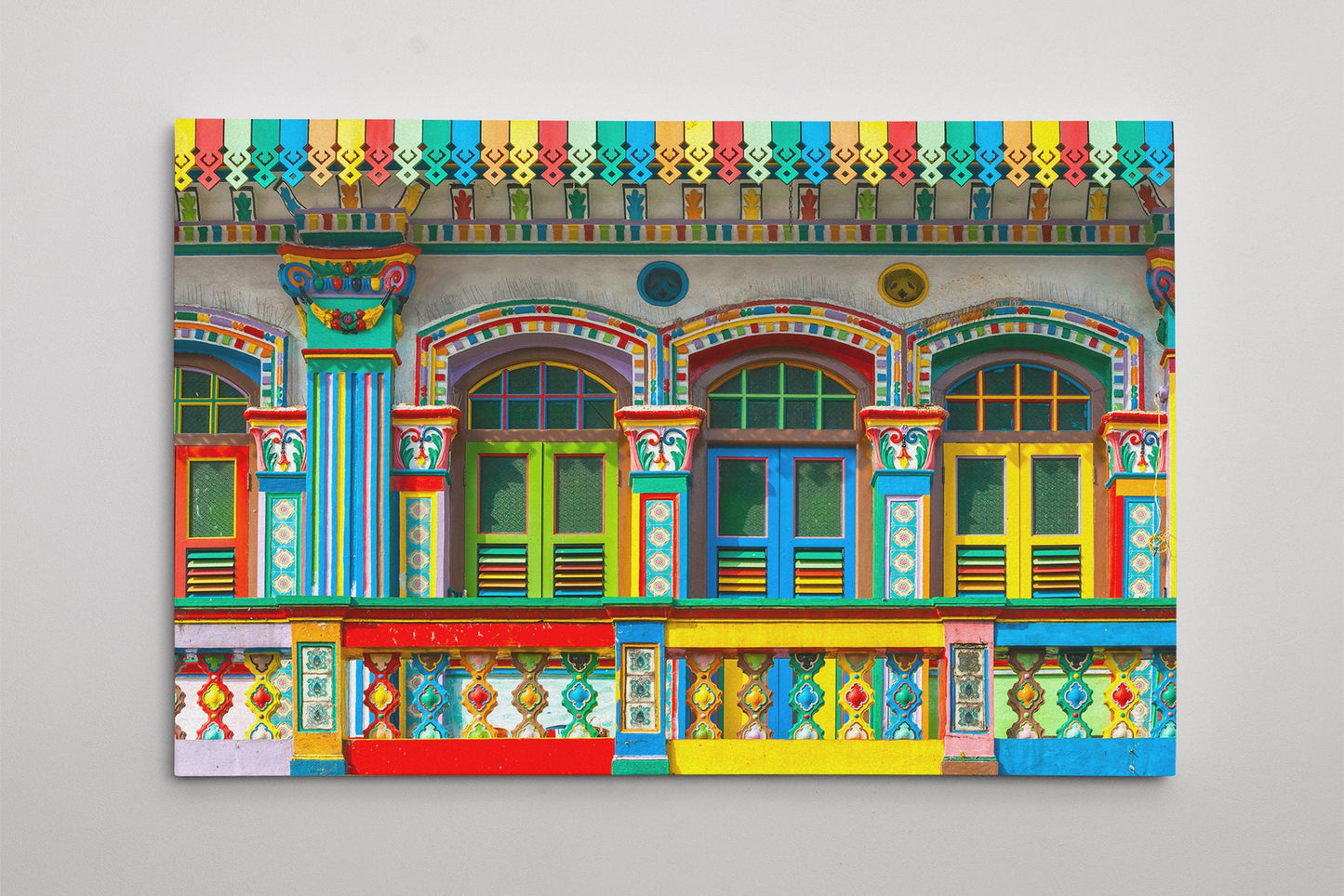 Colorful houses in Little India, Singapore framed canvas leather print