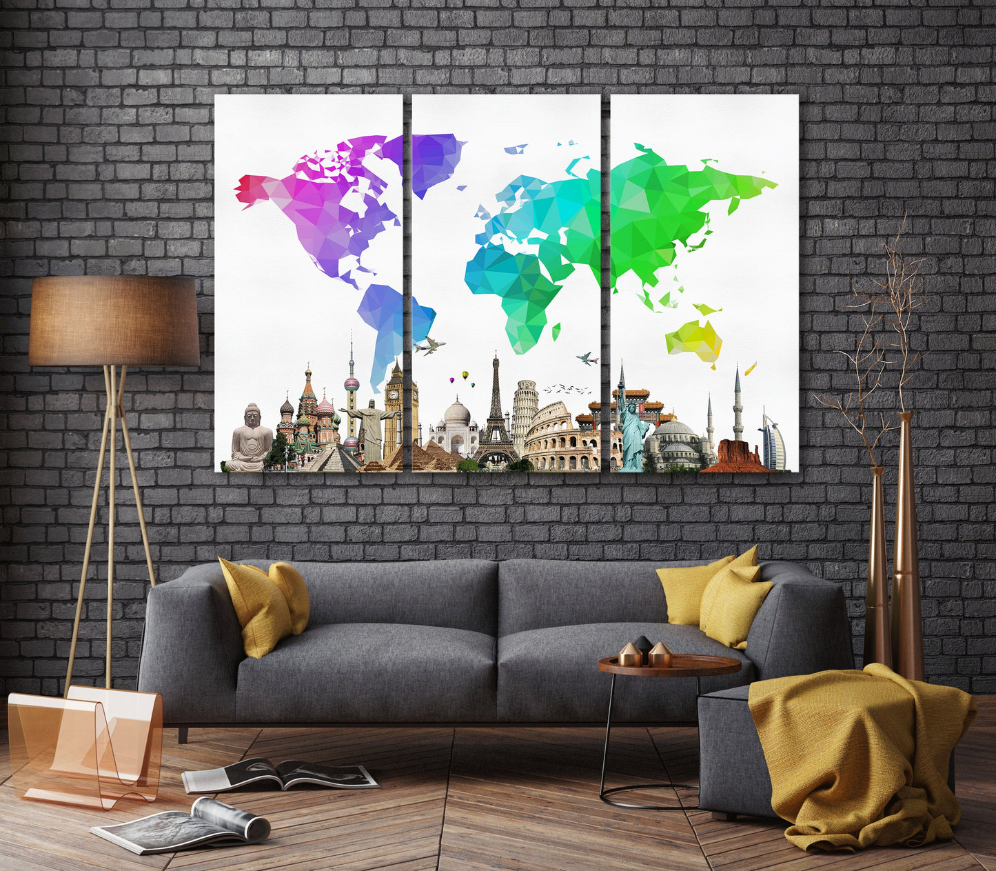 Large World Map With Monuments Framed Canvas Leather Print
